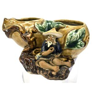 Vintage Double Planter With Mudman Fisherman Figurine JE293